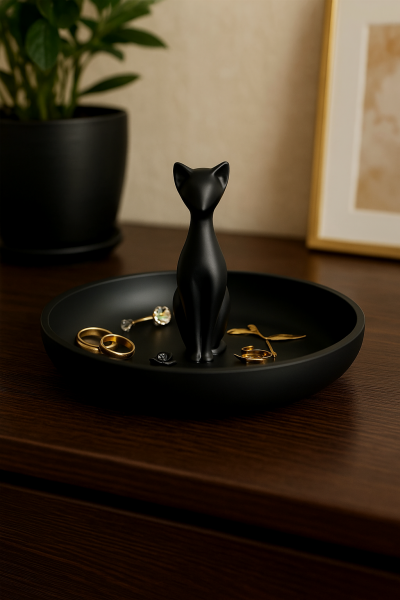 Minimalist Siyah Kedi Takı Standı – Yüzük & Aksesuar Düzenleyici